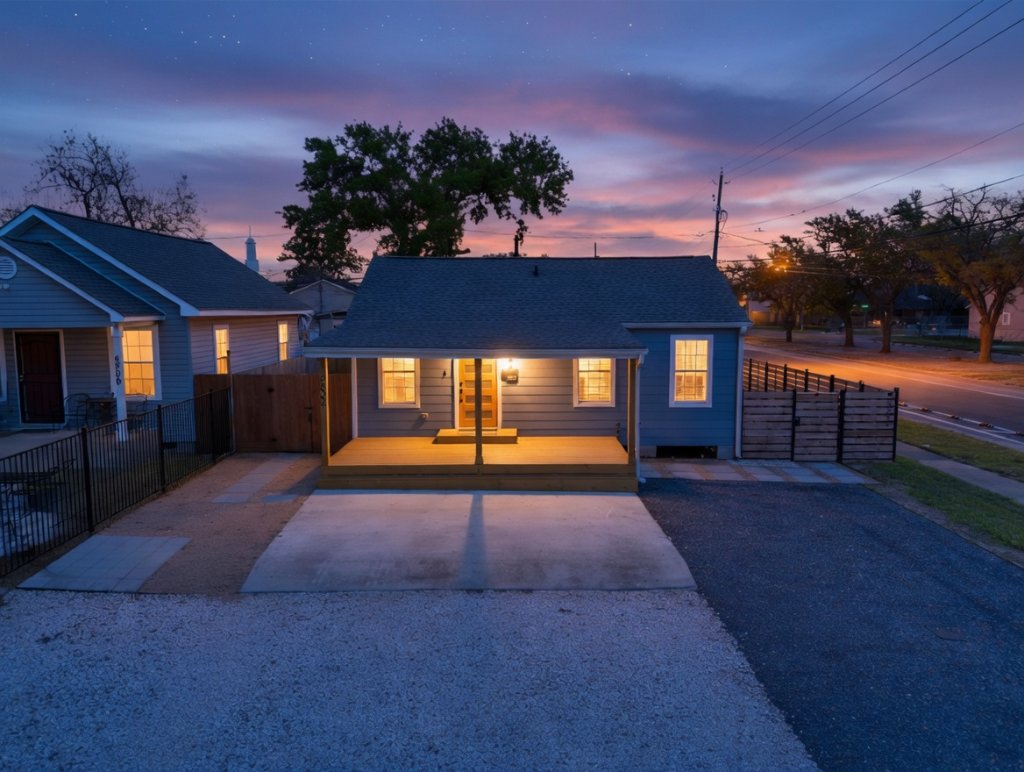 Home exterior at dusk