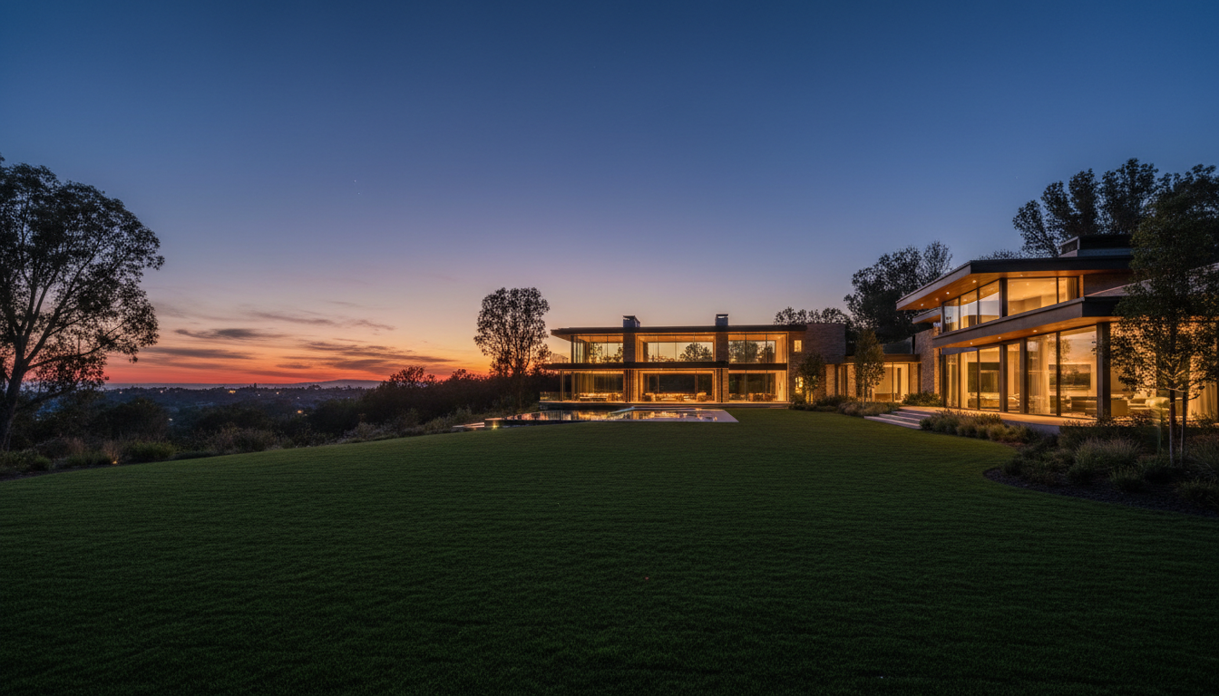 Luxury home at twilight with dramatic sky