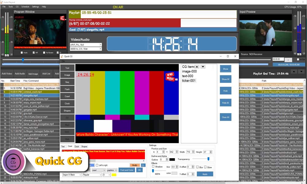 Insta Playout Quick CG — broadcast playout software