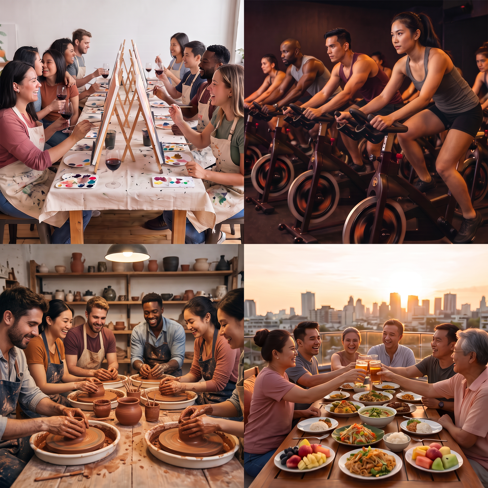 Friends at an art class, spin class, pottery workshop and rooftop gathering