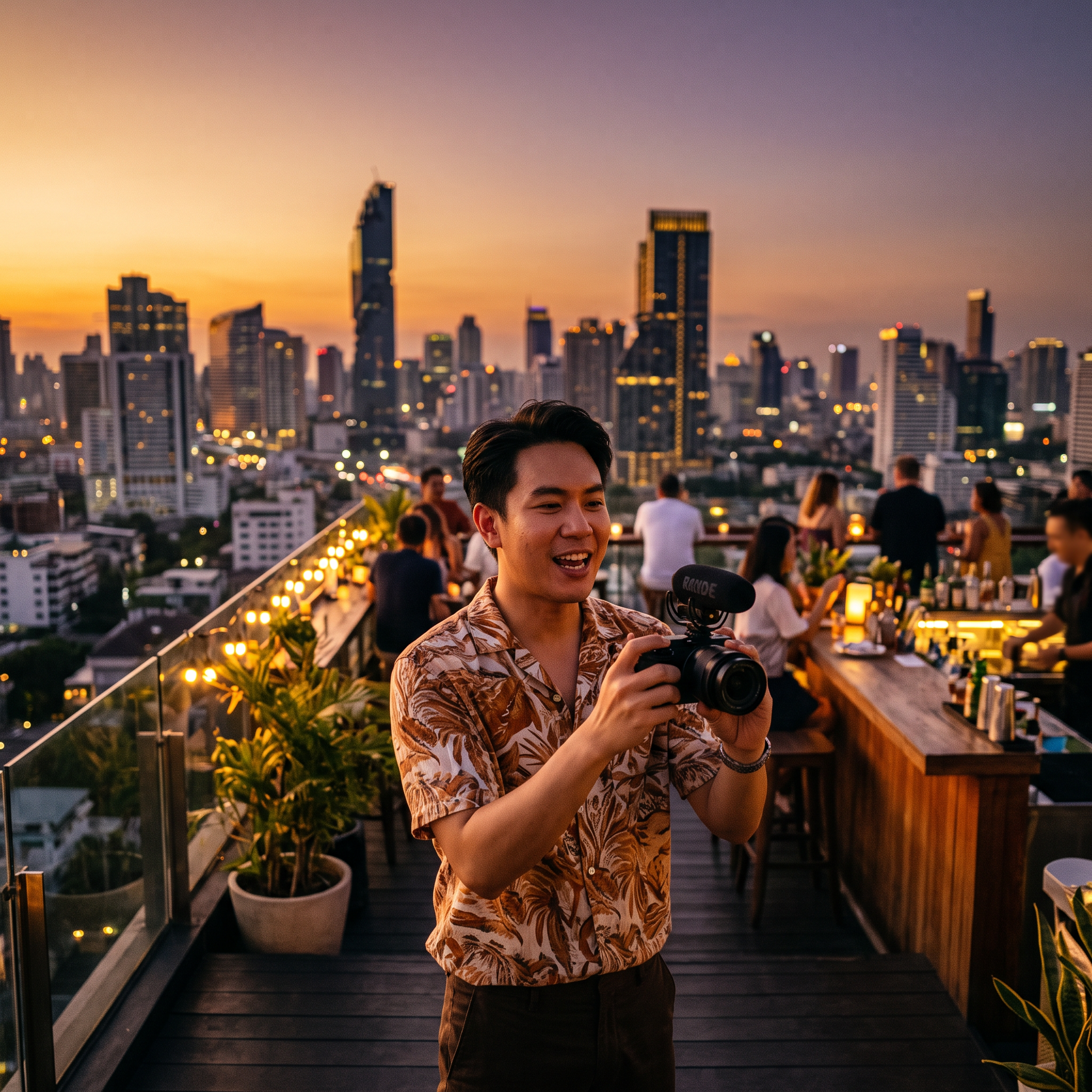 Thai creator filming a review on a rooftop at golden hour