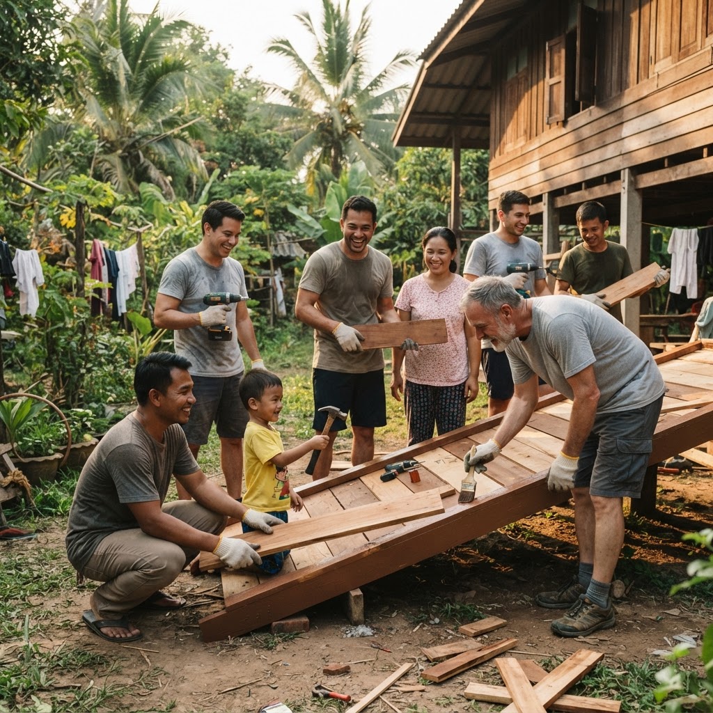 Gaybors volunteers building an accessibility ramp together with a Thai family