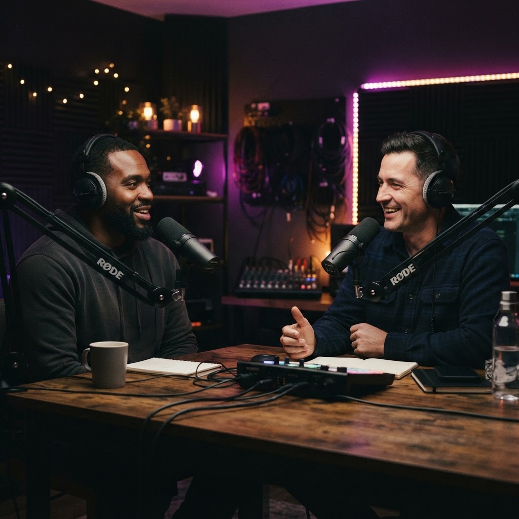 Two hosts recording the Not Okay podcast in a studio