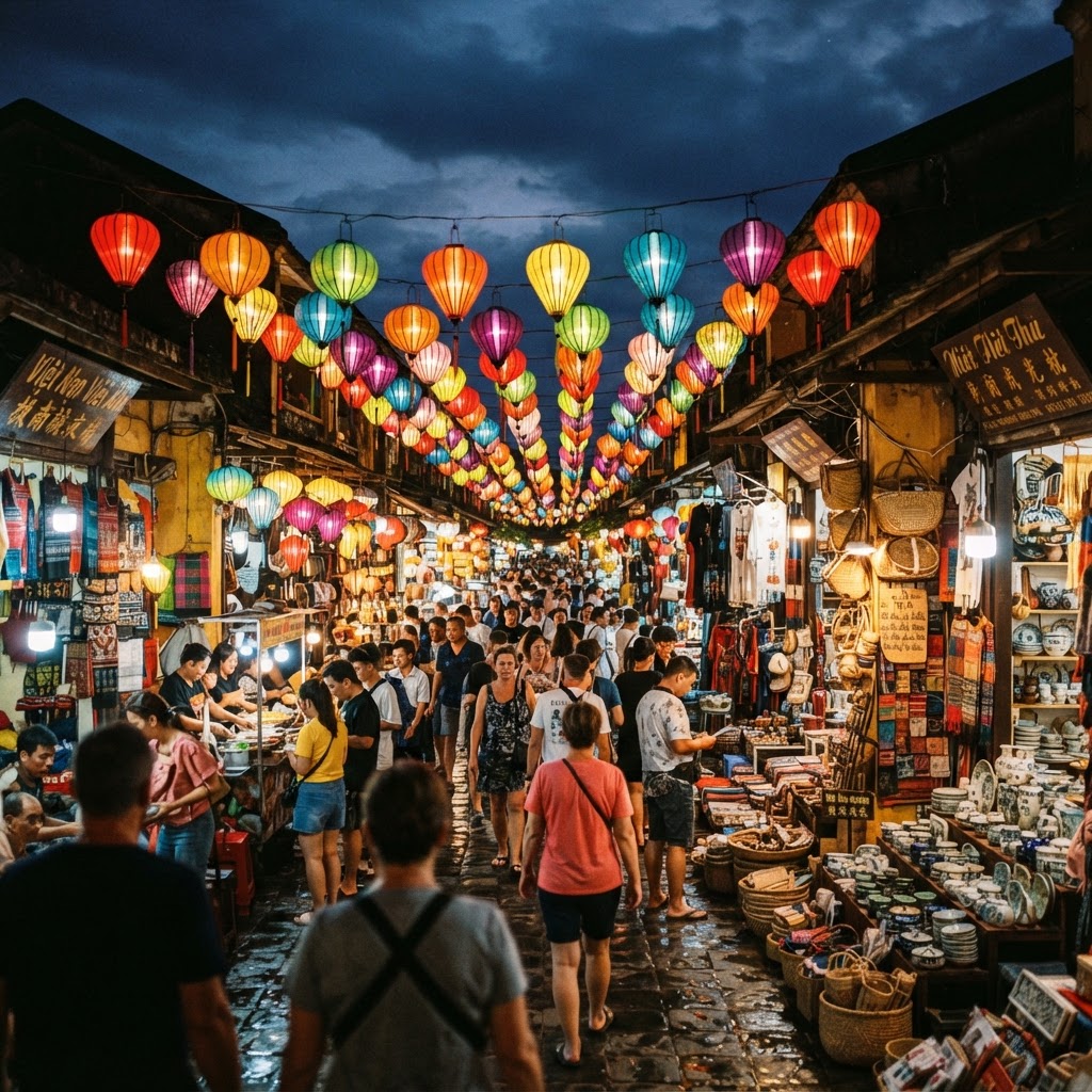Market stalls lit at dusk