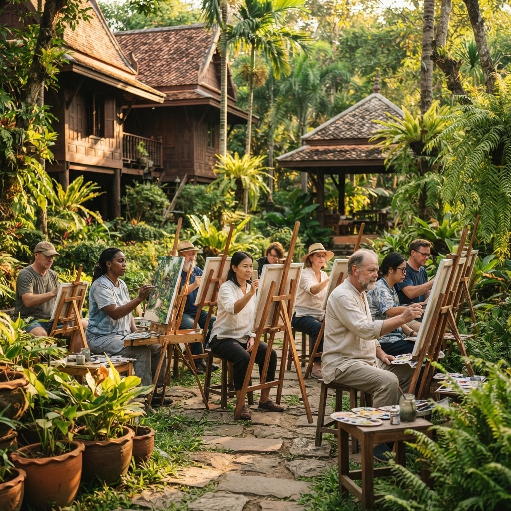 Artists painting and sketching in a garden studio in Chiang Mai
