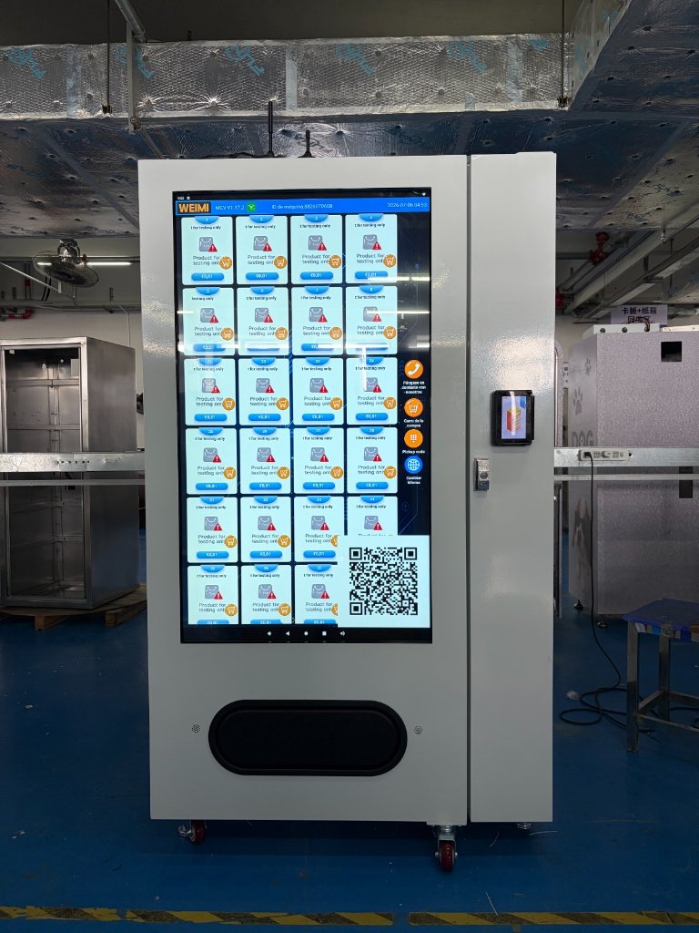 Vista frontal — máquina de producción ensamblada con interfaz vending activa
