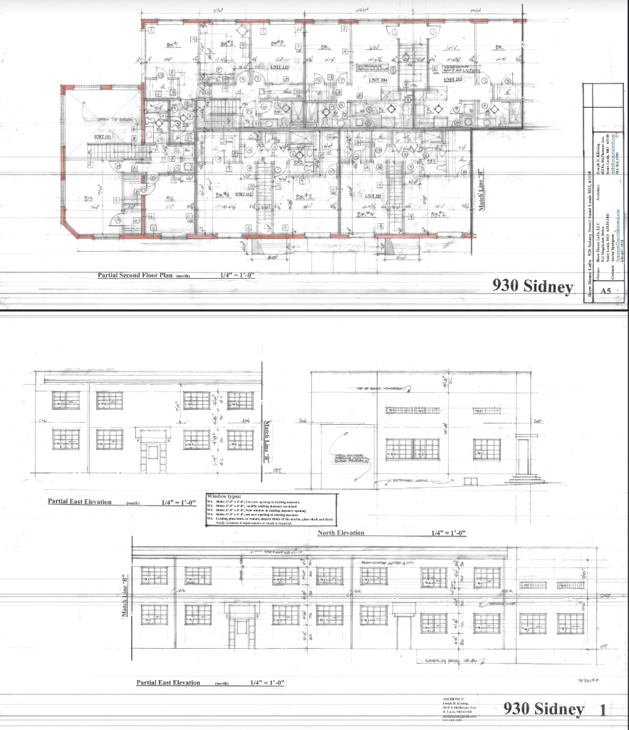 Hand-drawn architectural drawings of 930 Sidney Street floor plans and elevations, signed by architect Joseph H. Klitzing.