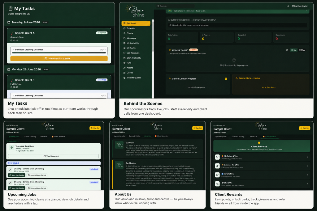 Rise N Shine app preview — planned features including My Tasks, Upcoming Jobs and Client Rewards