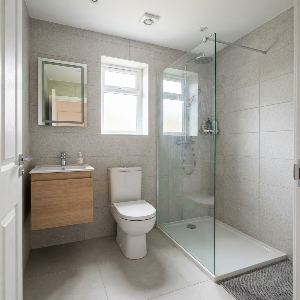 AI-generated illustration of the enclosed bathroom with shower