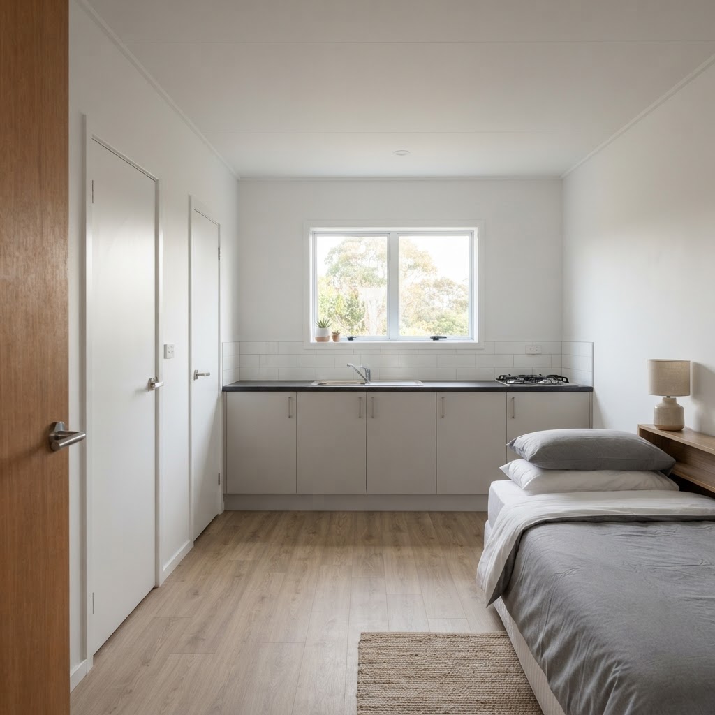 AI-generated illustration of the open plan kitchen and bedroom interior
