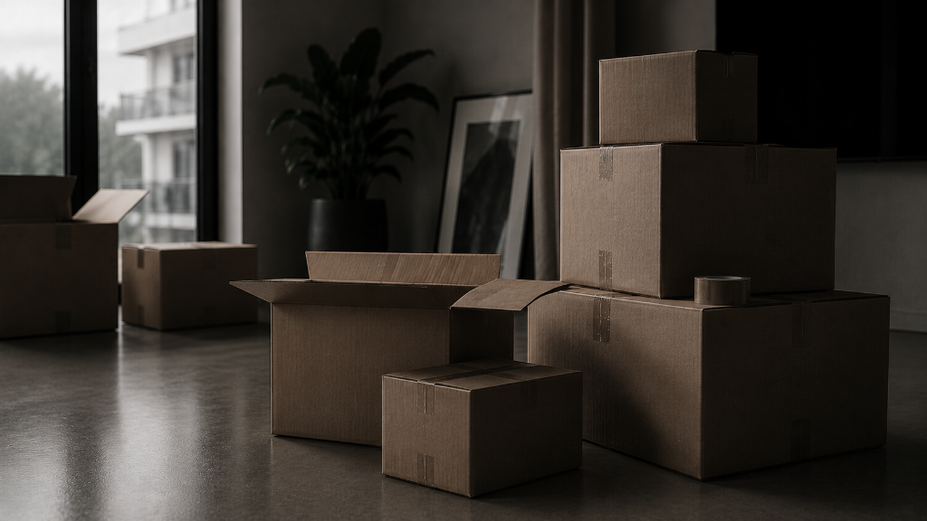 Moving boxes stacked in a room