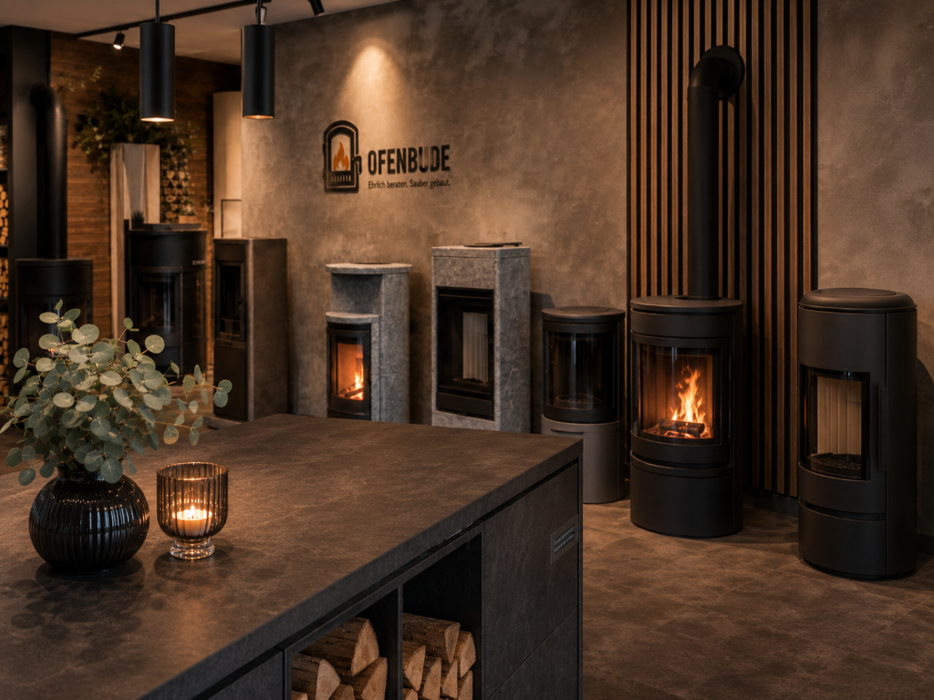 ofenbude_showroom_beratung_ahlen – Beratungstheke im Showroom mit brennenden Ausstellungsöfen der Ofenbude