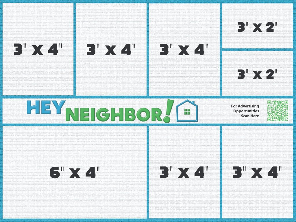 Hey Neighbor! mailer grid layout showing ad sizes