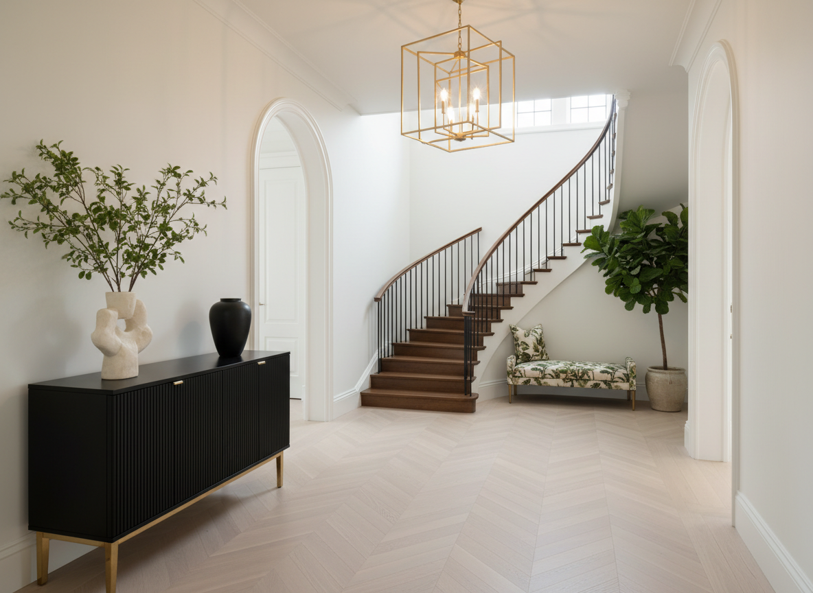 Georgian Ash herringbone flooring in luxury hallway