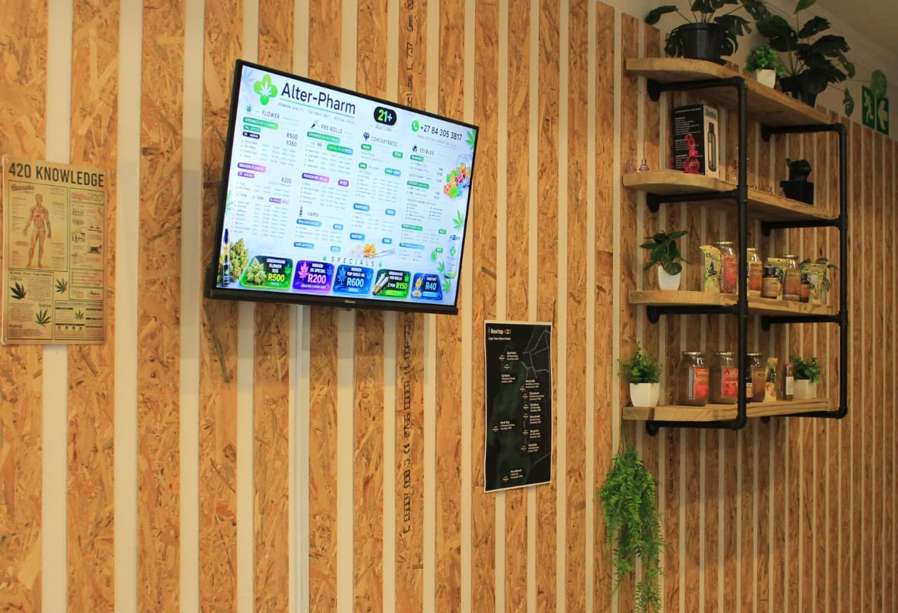 Pharmacy shelves with products