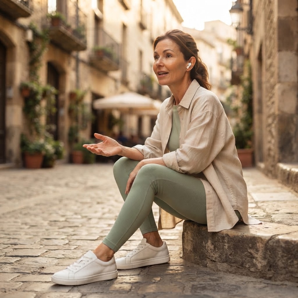 Woman sitting outdoors talking on a voice call with wireless earbuds
