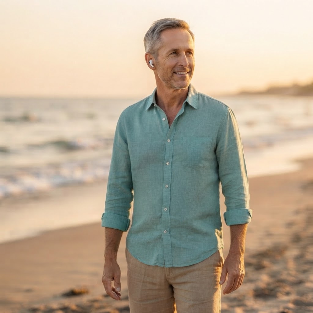Man wearing wireless earbuds on a beach