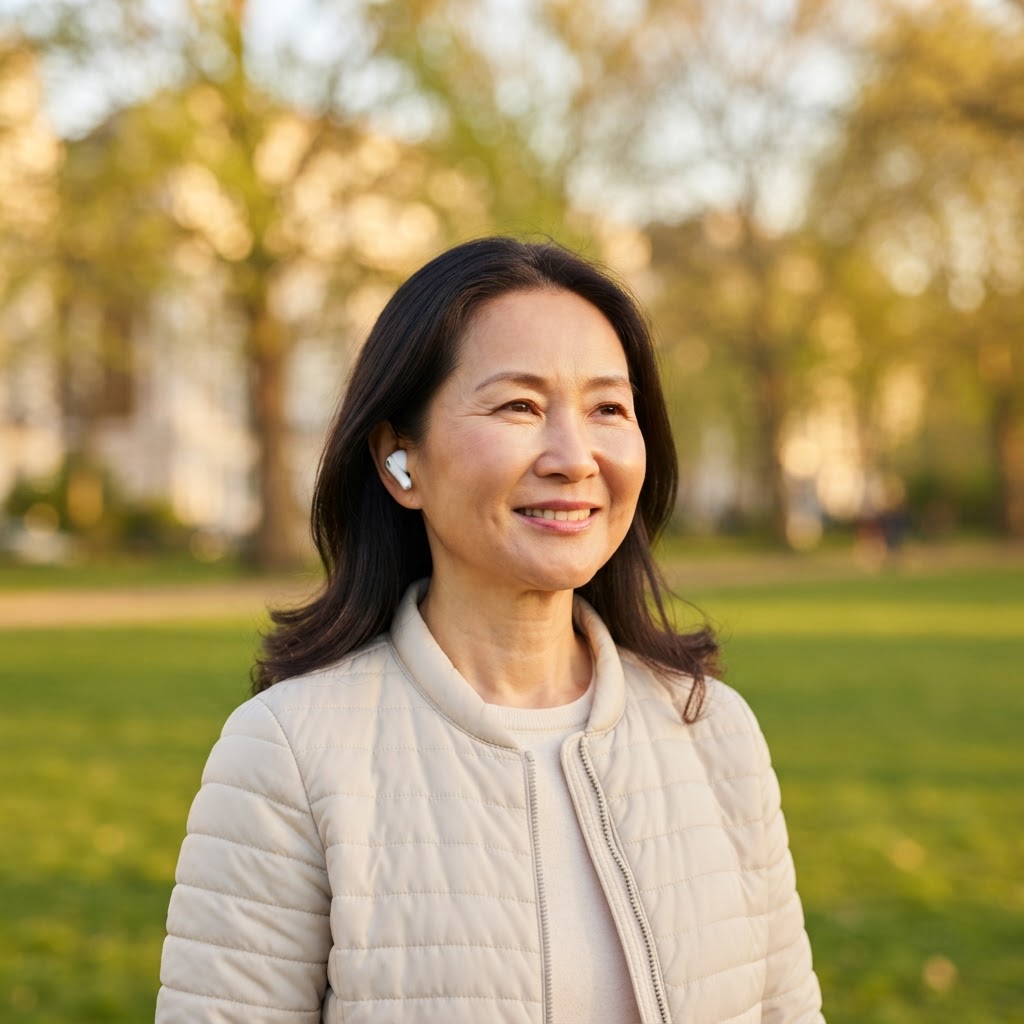 Asian woman outdoors with wireless earbuds
