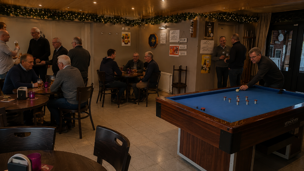 Sfeervolle zaal met kaartspelers