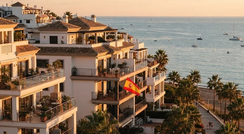 Seaside apartment buildings on the Costa del Sol with a Spanish flag on a balcony at golden hour