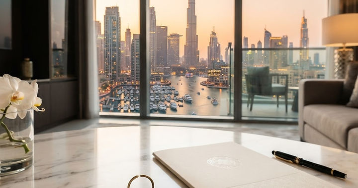 Własność nieruchomości w Dubaju: dokumenty i klucze apartamentu z panoramą Dubaj Marina