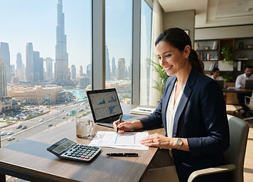 Podatki w Dubaju: księgowość i dokumenty finansowe na biurku z panoramą Dubaju i Burj Khalifa