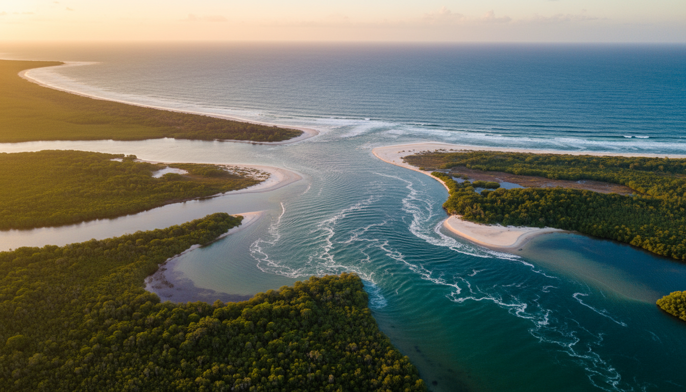 Delta de rio encontrando o oceano visto de cima