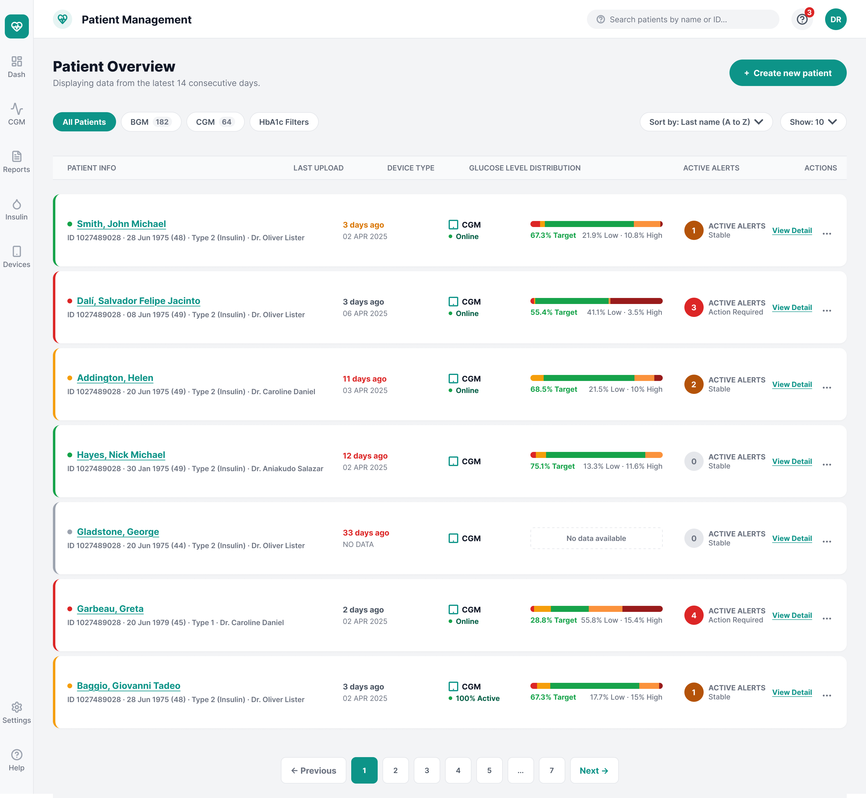 Patient list, desktop version