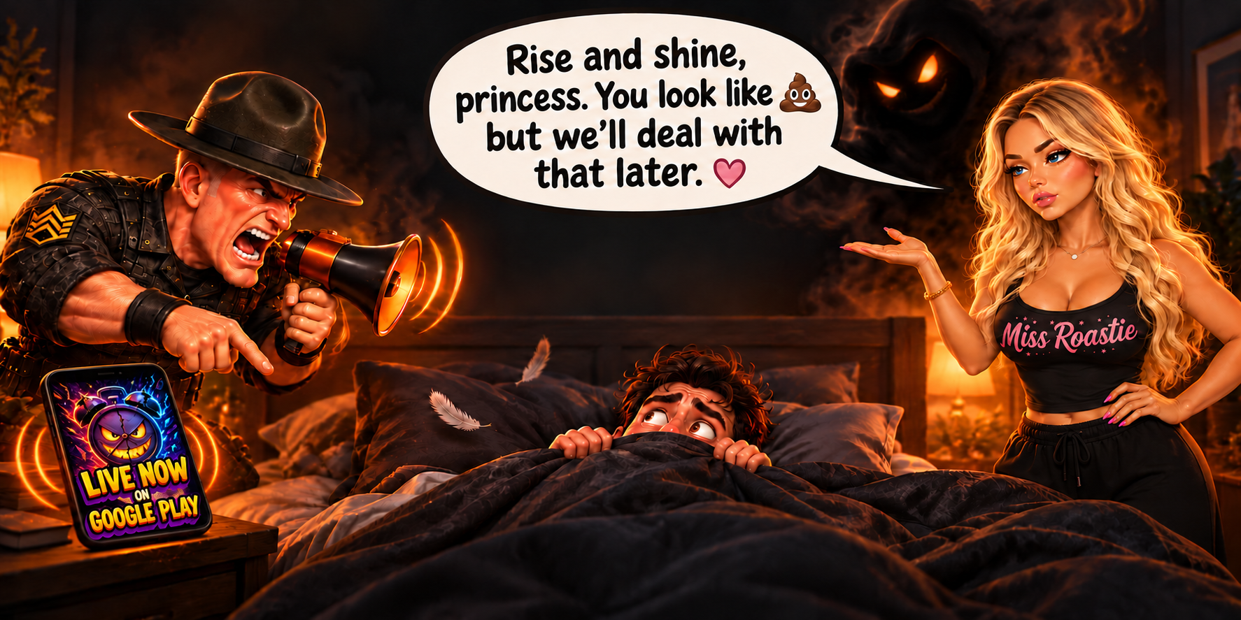 Sergeant Steel shouts through a megaphone at a terrified sleeper while Miss Roastie gestures and a Sleep Demon lurks, with a speech bubble reading 'Rise and shine, princess.'