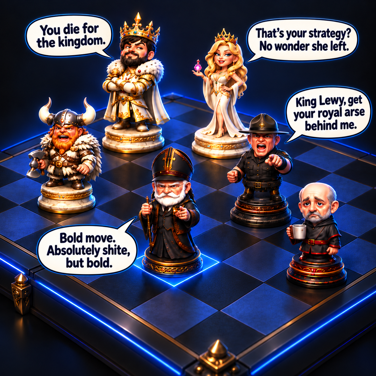 Checkmate Chaos — six character chess pieces on a neon-lit board