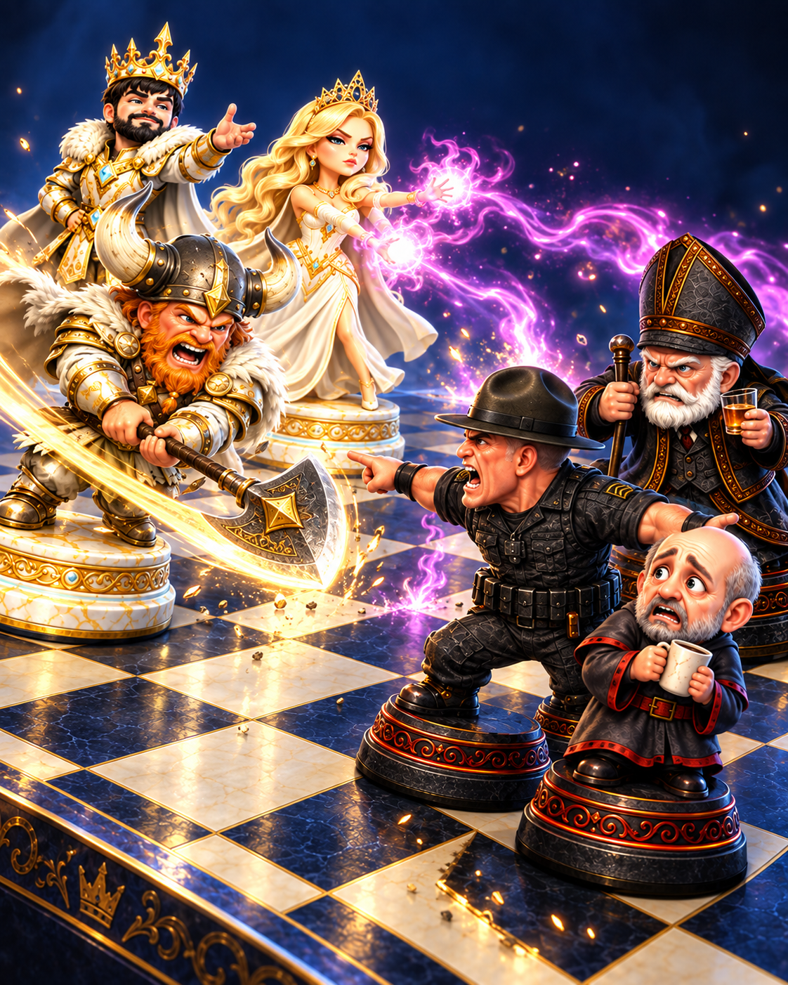 Checkmate Chaos characters battle across a chessboard, with white-and-gold pieces attacking Sergeant Steel's black-piece defence.