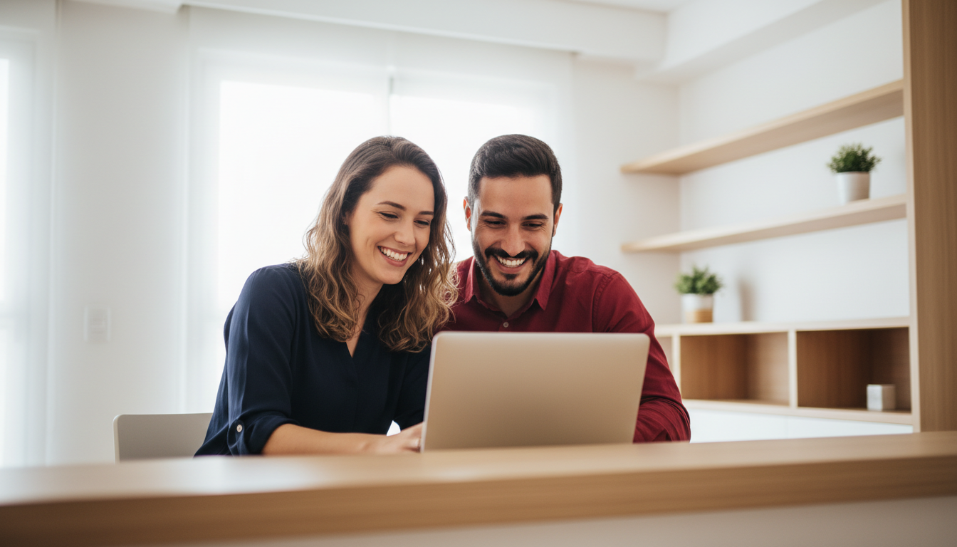 Casal feliz planejando financiamento imobiliário com a LARYA