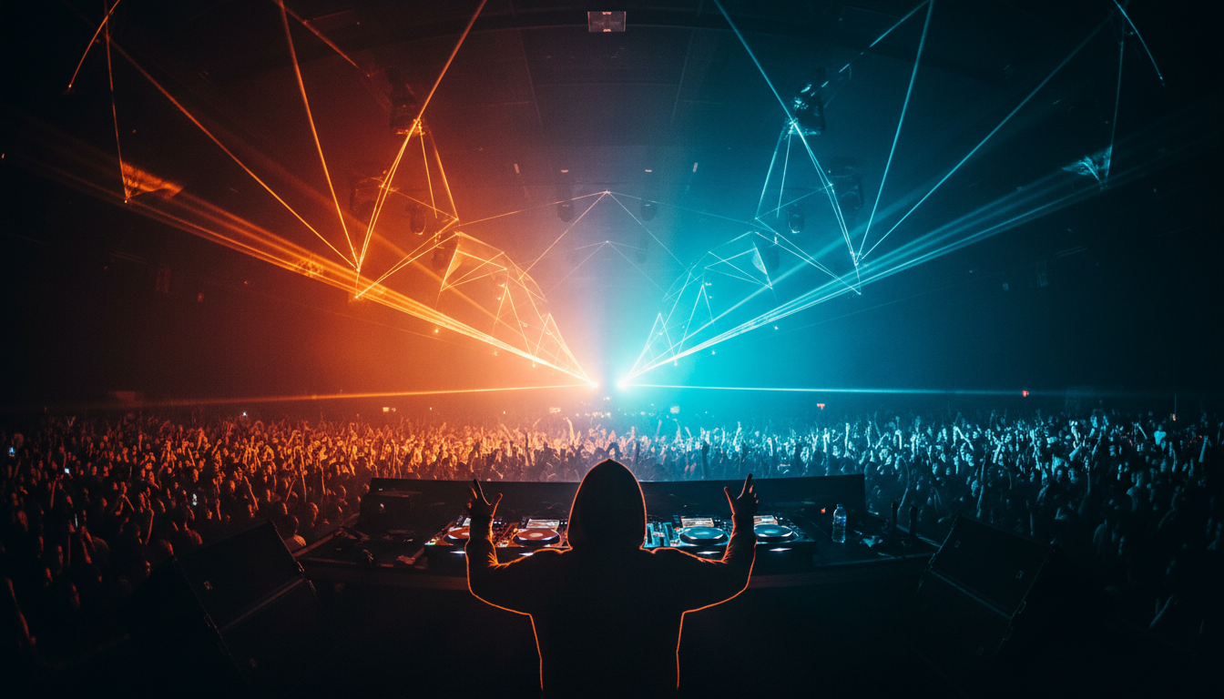 DJ performing in front of a massive crowd with lasers