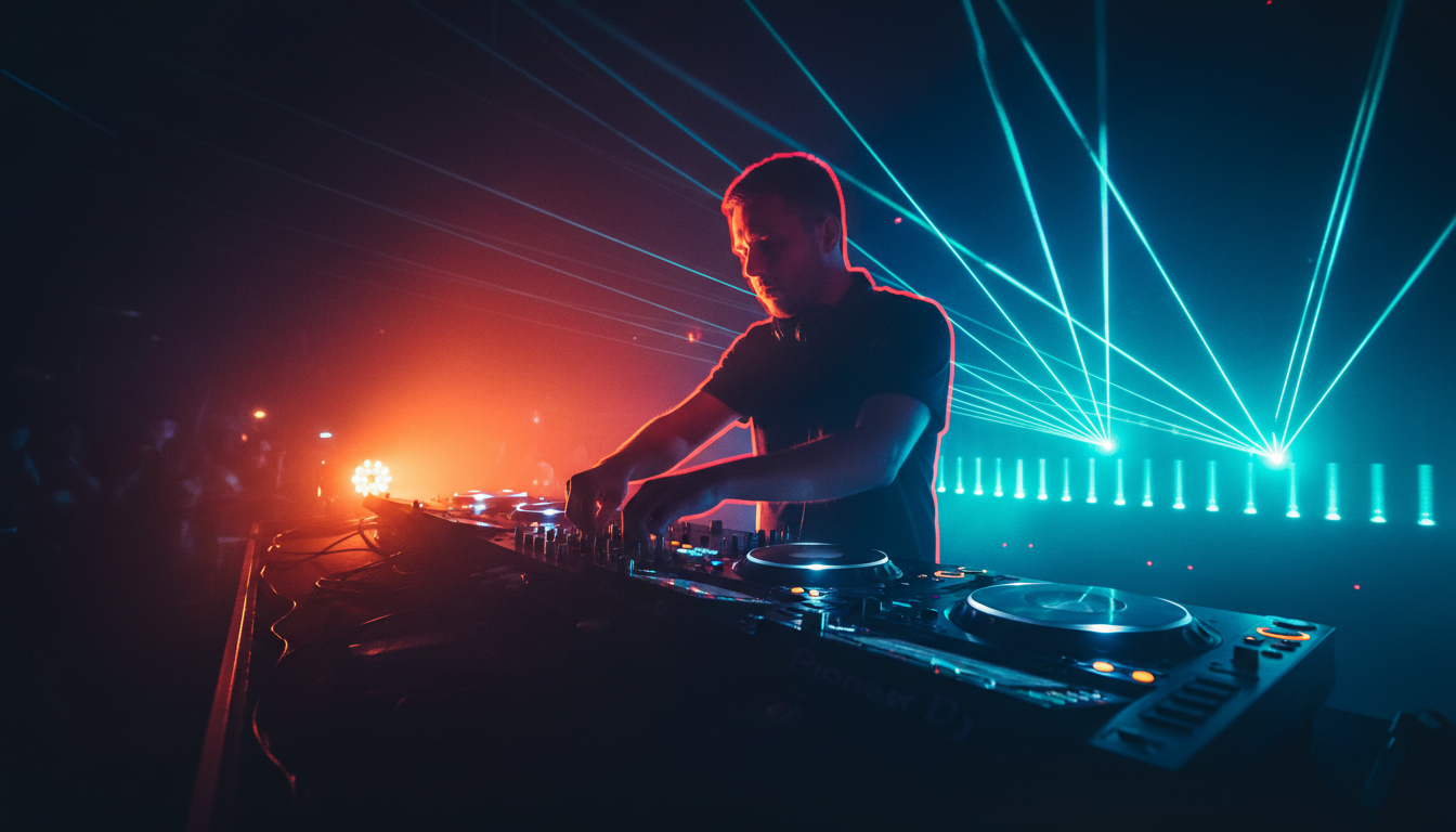 DJ Ovano performing at a nightclub with dramatic orange and cyan lighting