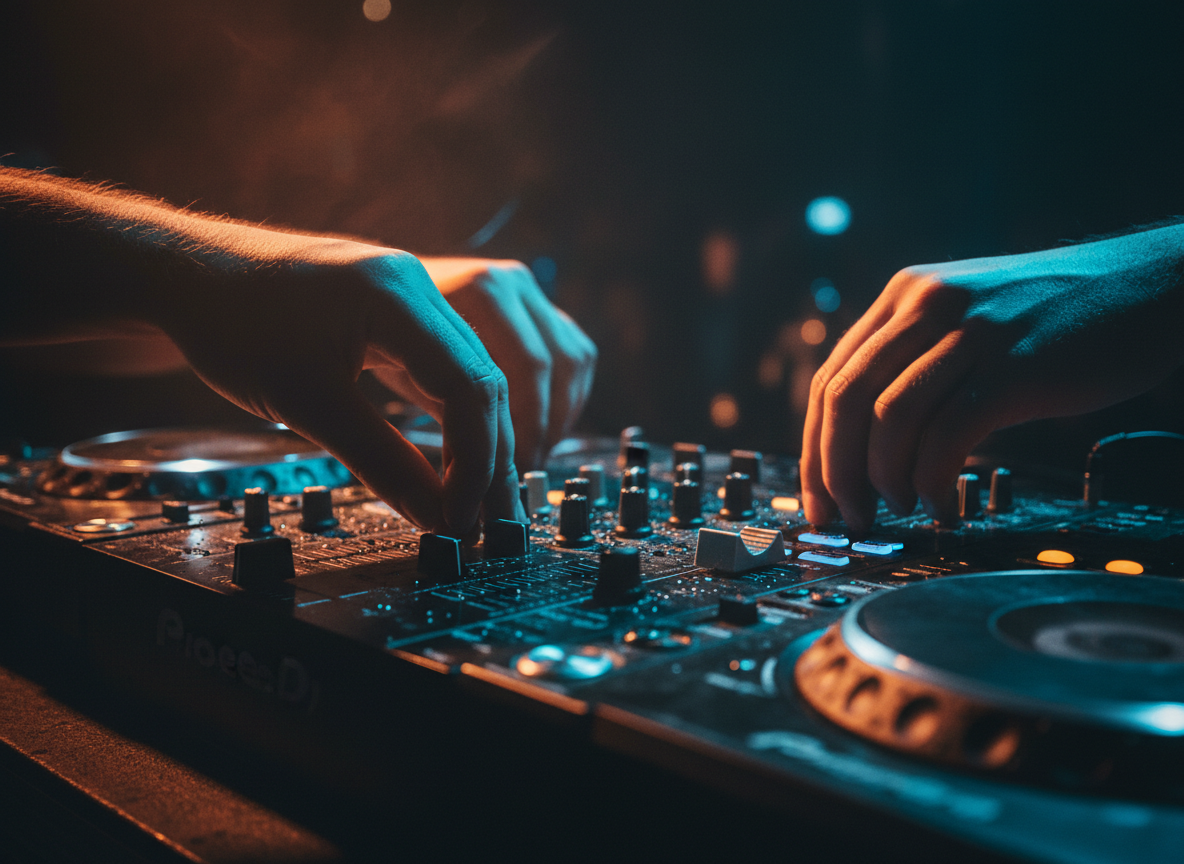 Close-up of DJ mixer knobs with dramatic dual lighting