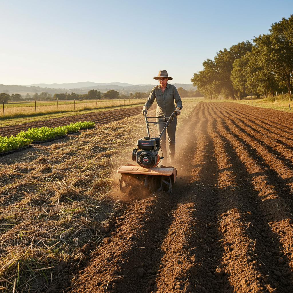 Tilling and clearing garden soil in preparation for planting