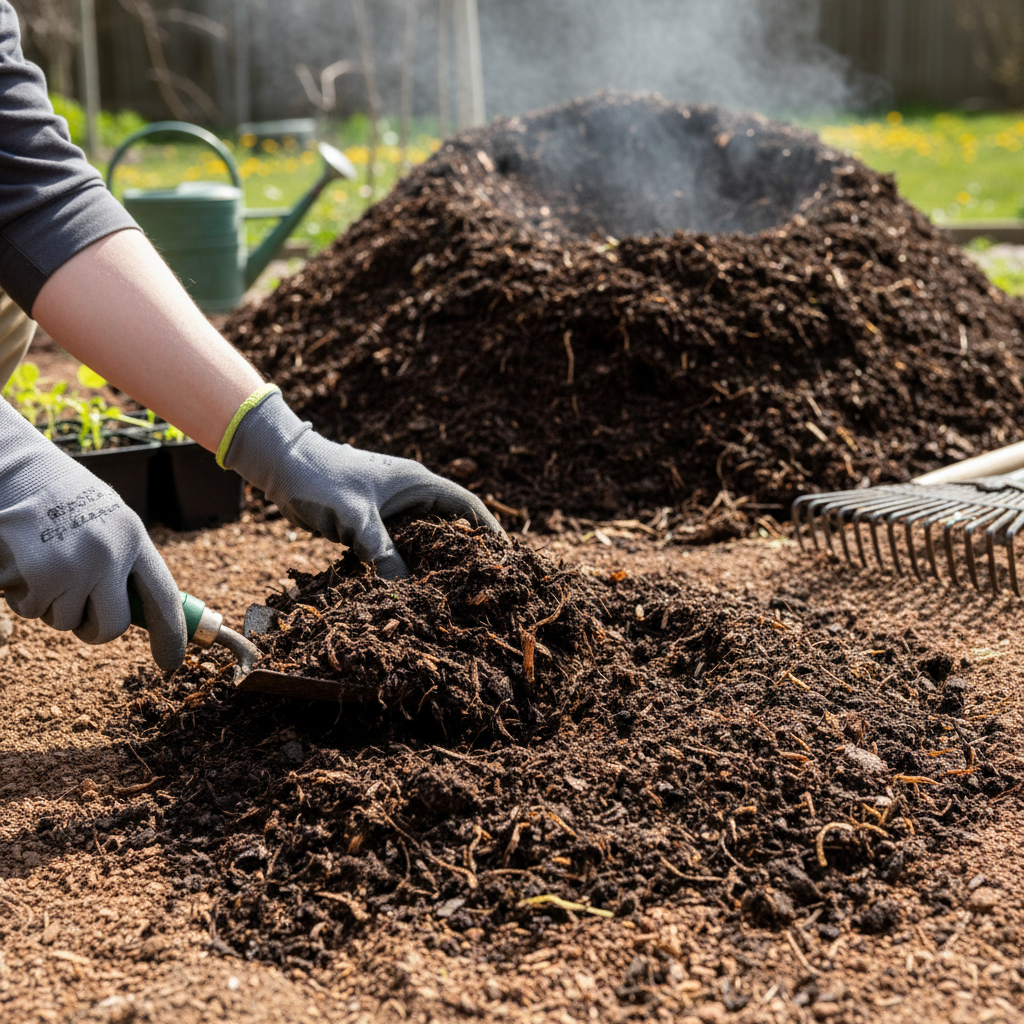 Rich dark compost being worked into garden soil for organic matter improvement