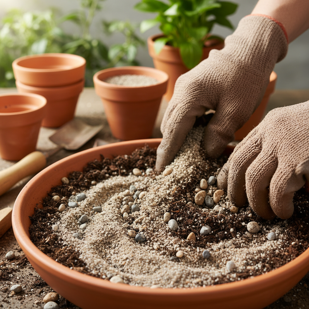 Coarse washed sand and gravel being mixed into garden soil for improved drainage