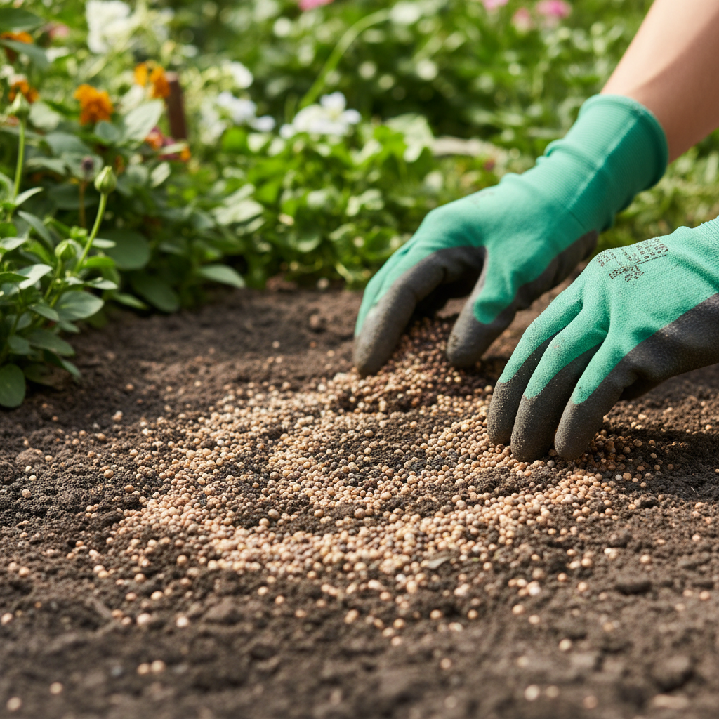 Slow-release balanced fertiliser granules being worked into prepared garden soil
