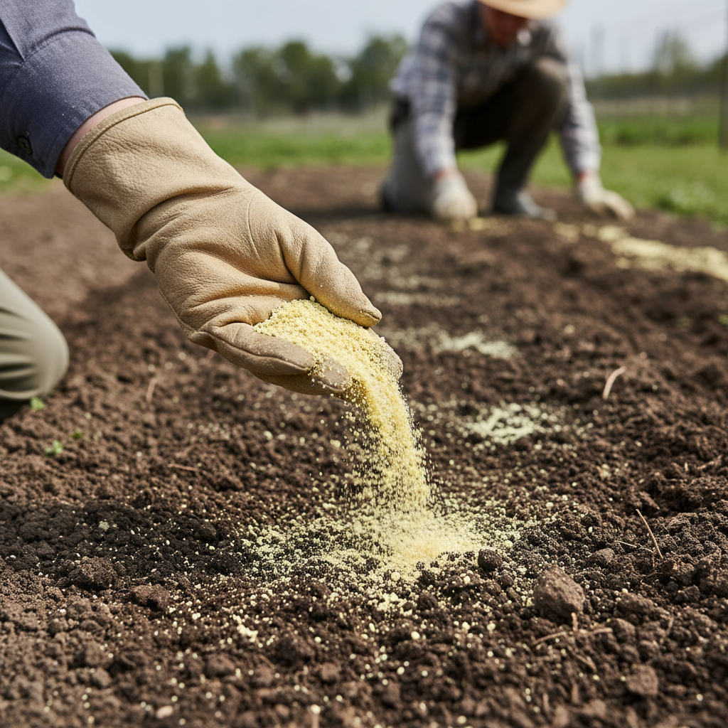 Elemental sulphur granules being applied to lower soil pH in a garden