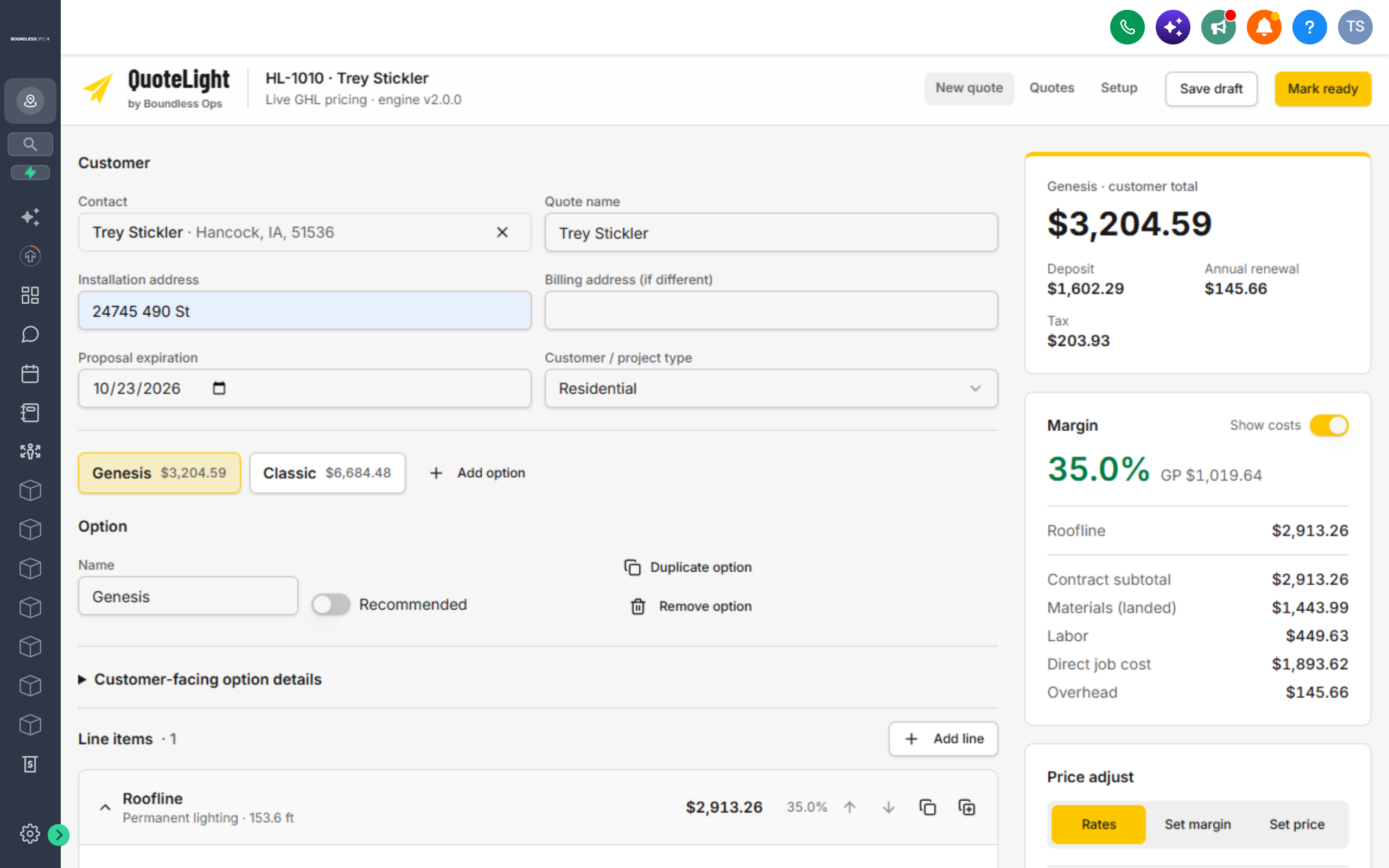 QuoteLight quote builder showing customer details, Genesis and Classic options, and the pricing and margin summary.