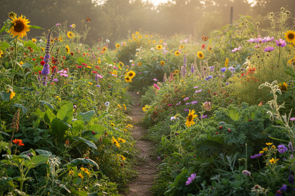 Beautiful organic garden ecosystem with butterflies and natural biodiversity
