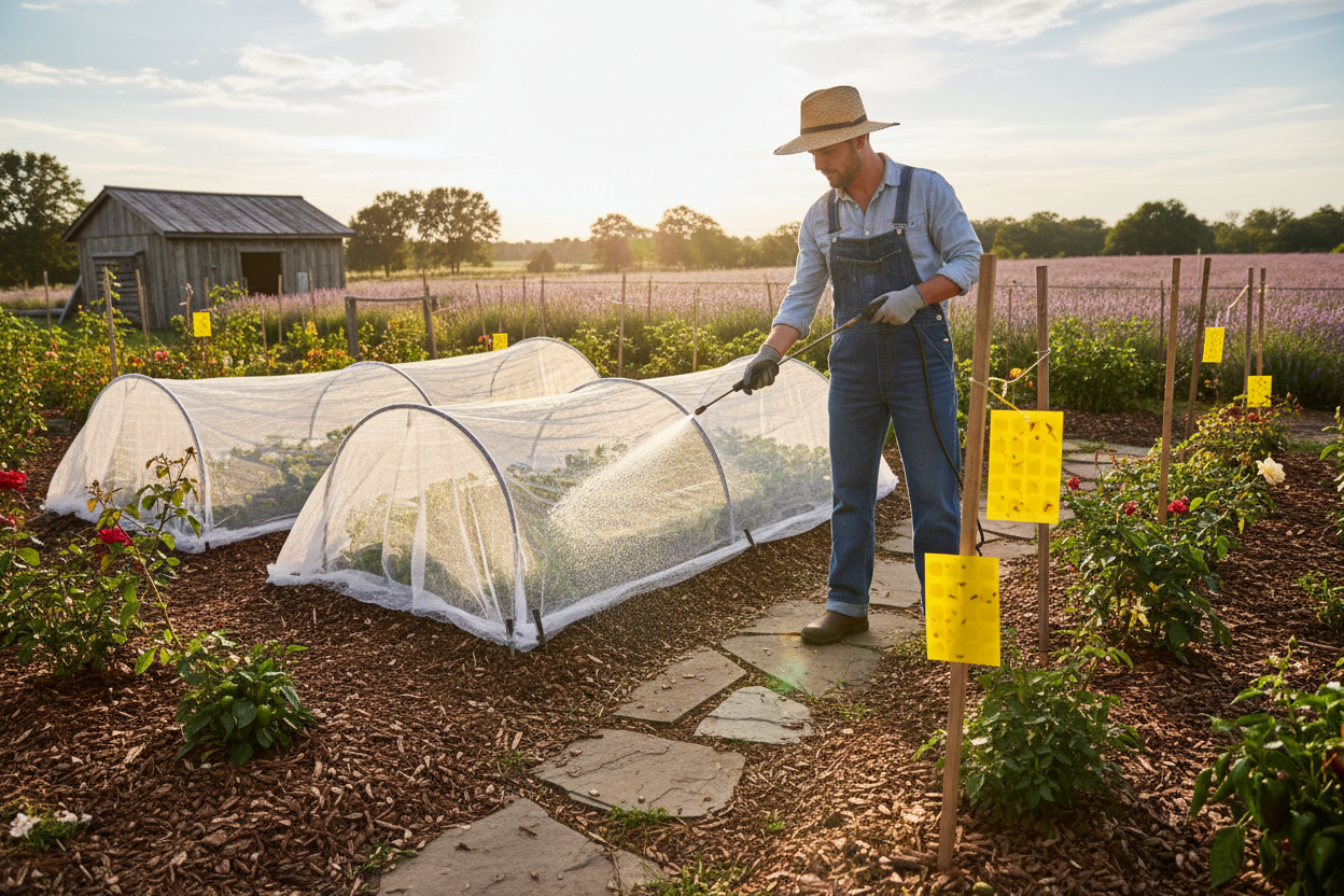 Physical pest control methods including water spray and row covers in a garden