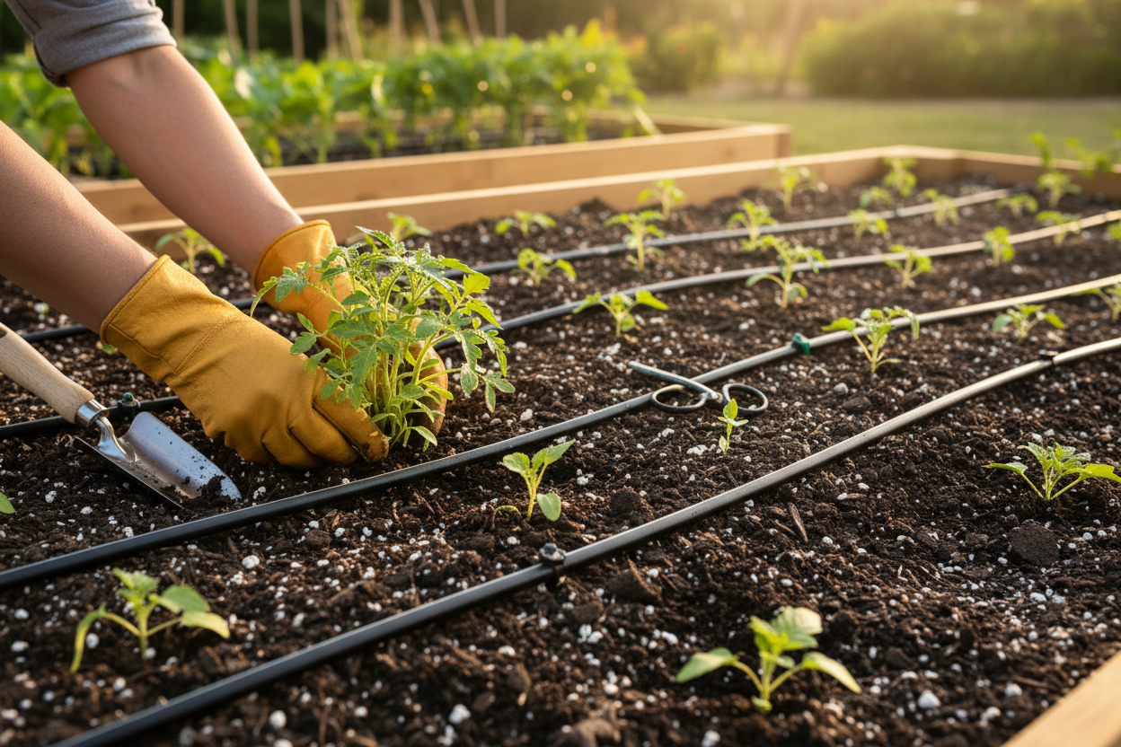 Gardener planting healthy seedlings with drip irrigation visible in a Muscat garden