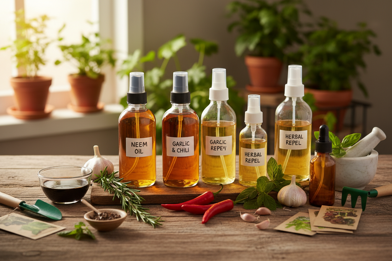 Homemade natural pest control sprays with neem oil, garlic, and herbs on a rustic table