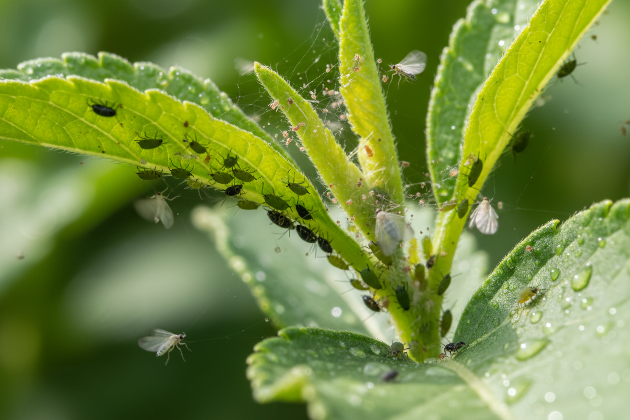Close-up of common garden pests on green leaves in a Muscat garden