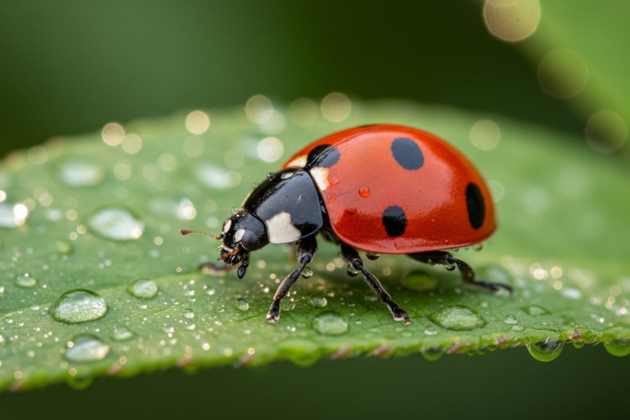 Beautiful ladybug on a green leaf with morning dew drops in a garden