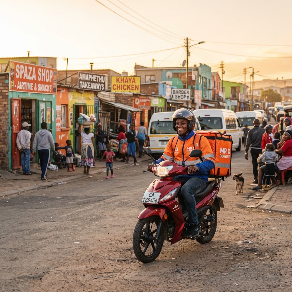 Moovy courier delivering in a township street