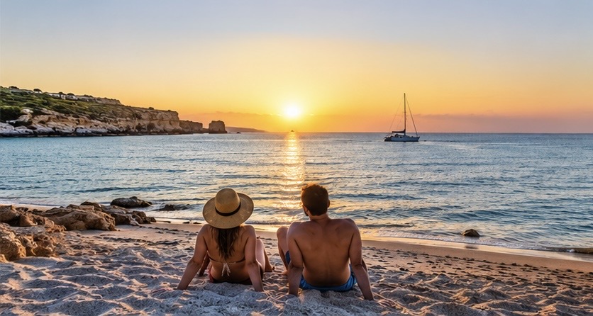 Couple watching the sunset on a Cyprus beach