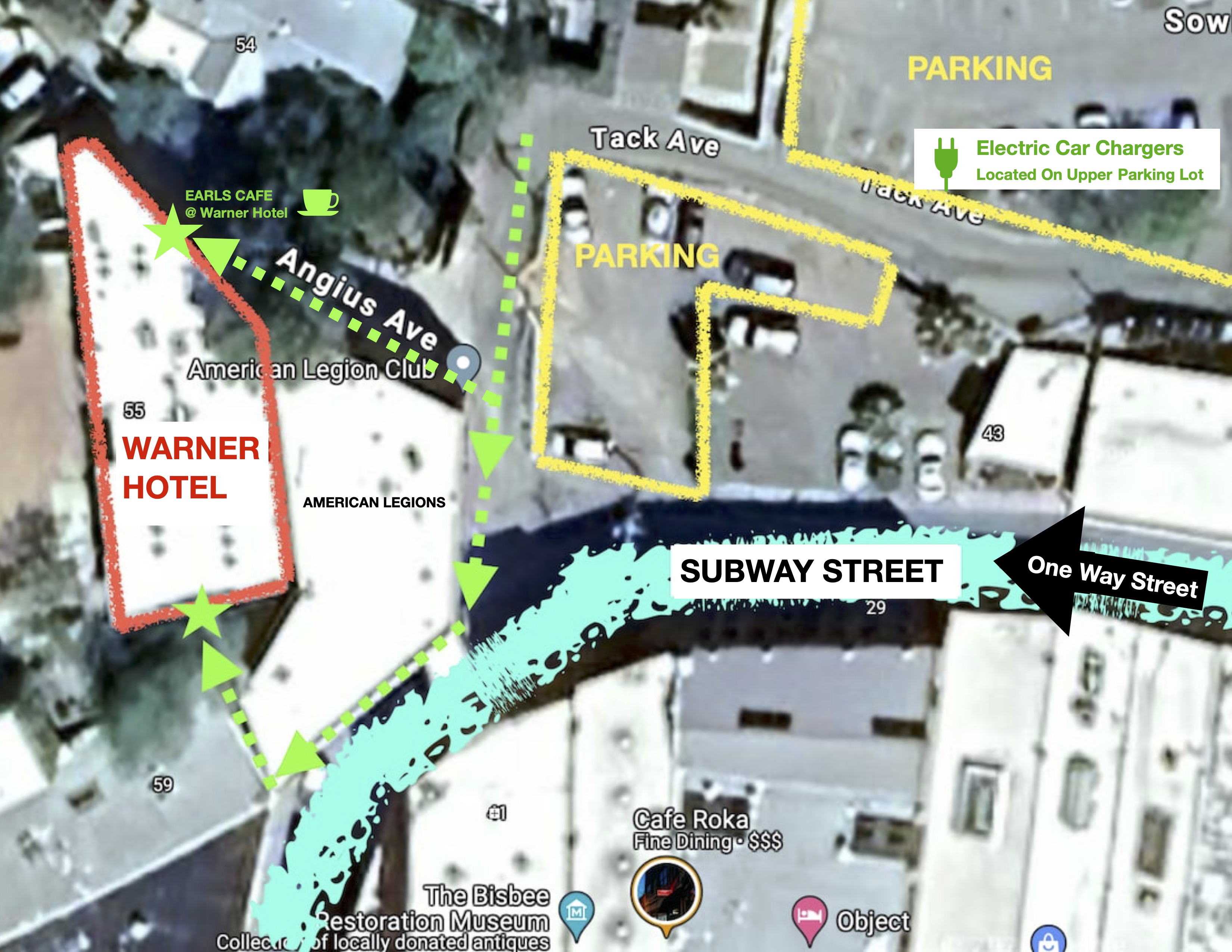 Warner Hotel parking and entrance map